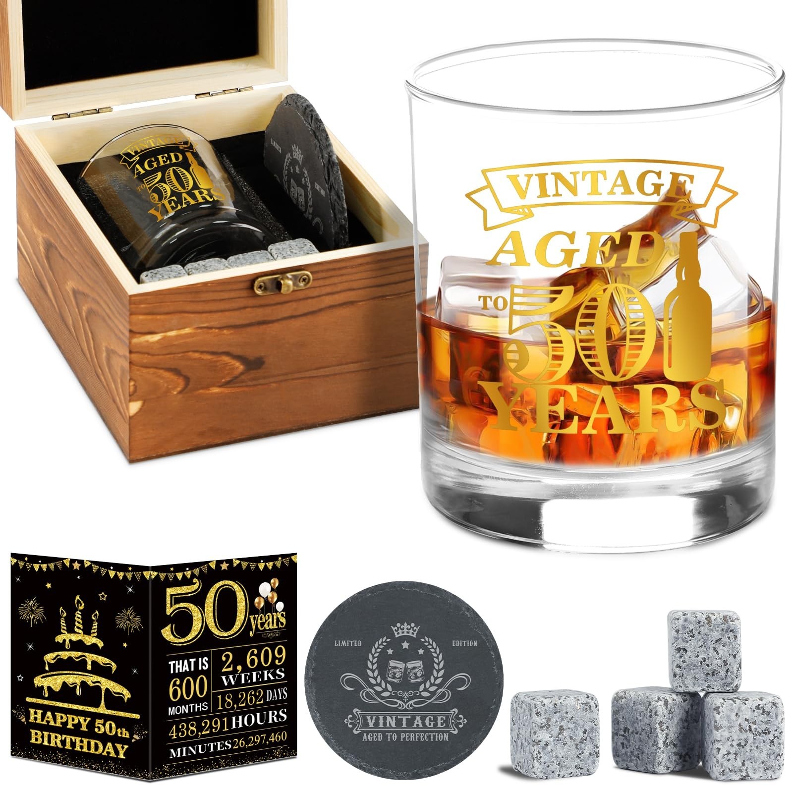 50th Birthday Gifts for Men – Vintage Whiskey Glass Set, 50th Birthday Decora…