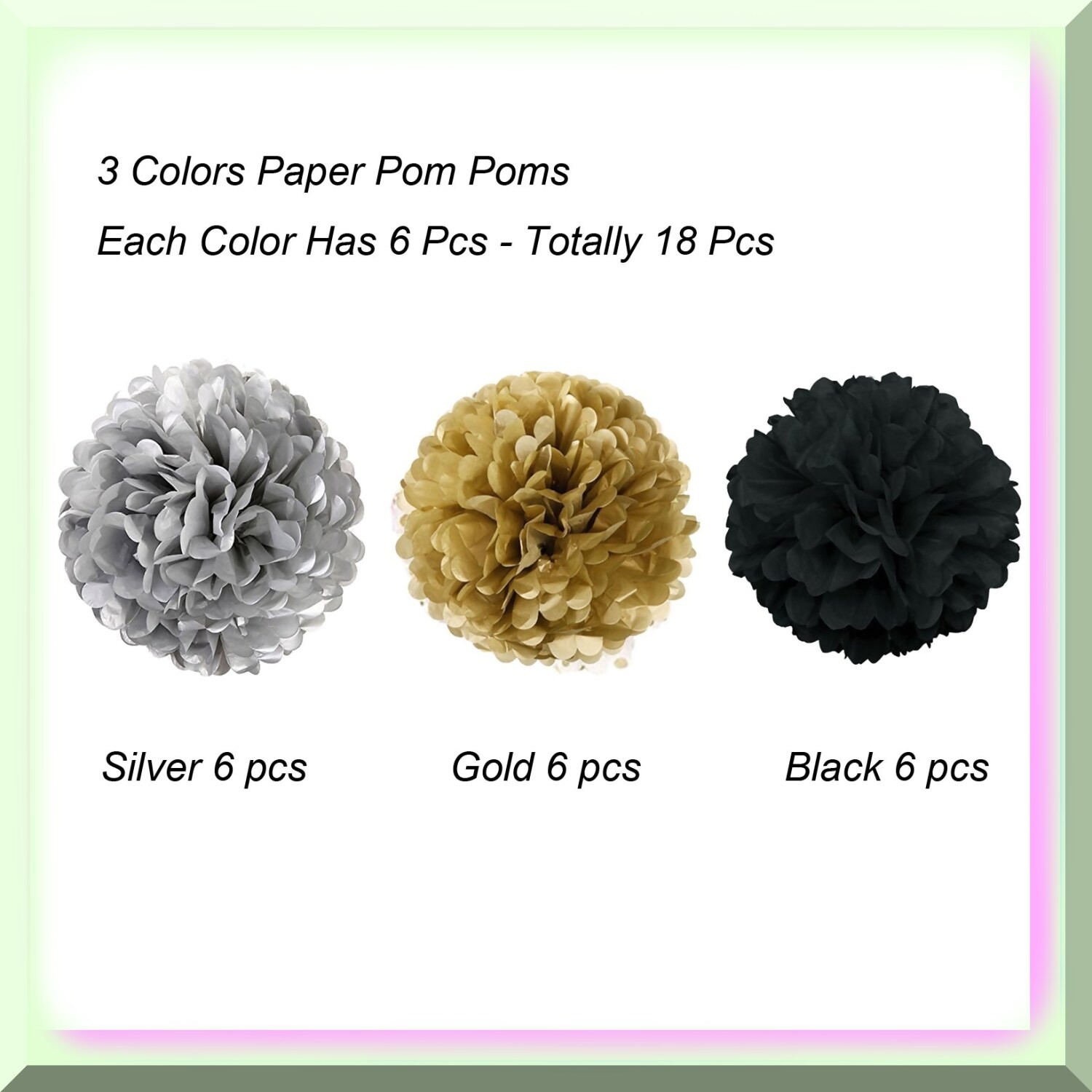 Party Tissue Paper Pom Poms 18 Pieces Black Gold Silver