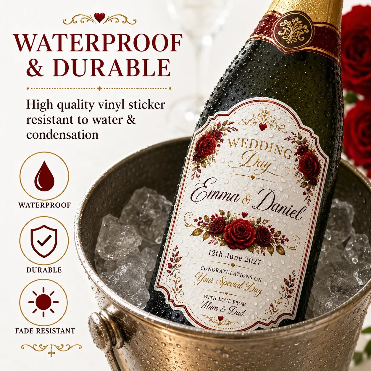 Personalised Wedding Day Bottle Label Sticker Custom Bride Groom Gift Wine
