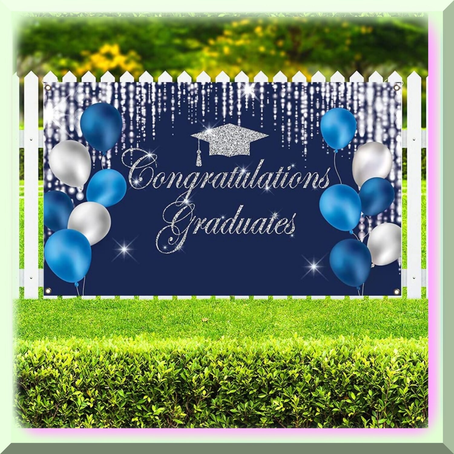 Graduation Party Backdrop Blue Silver 6×3.6 ft