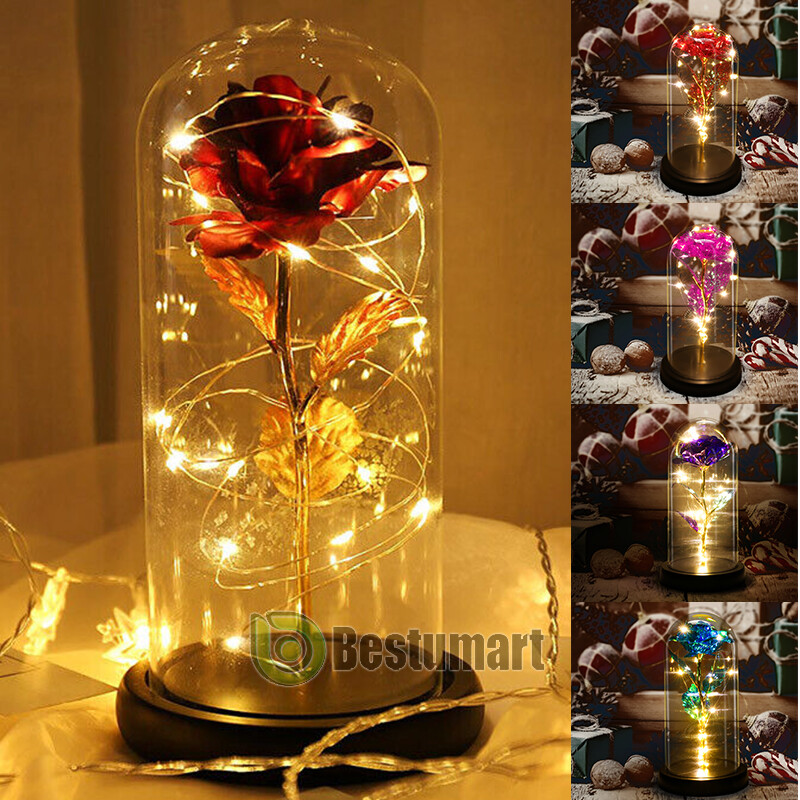 Crystal Eternal Galaxy Rose Flower LED Light Glass In Dome Gifts for Her Lovers