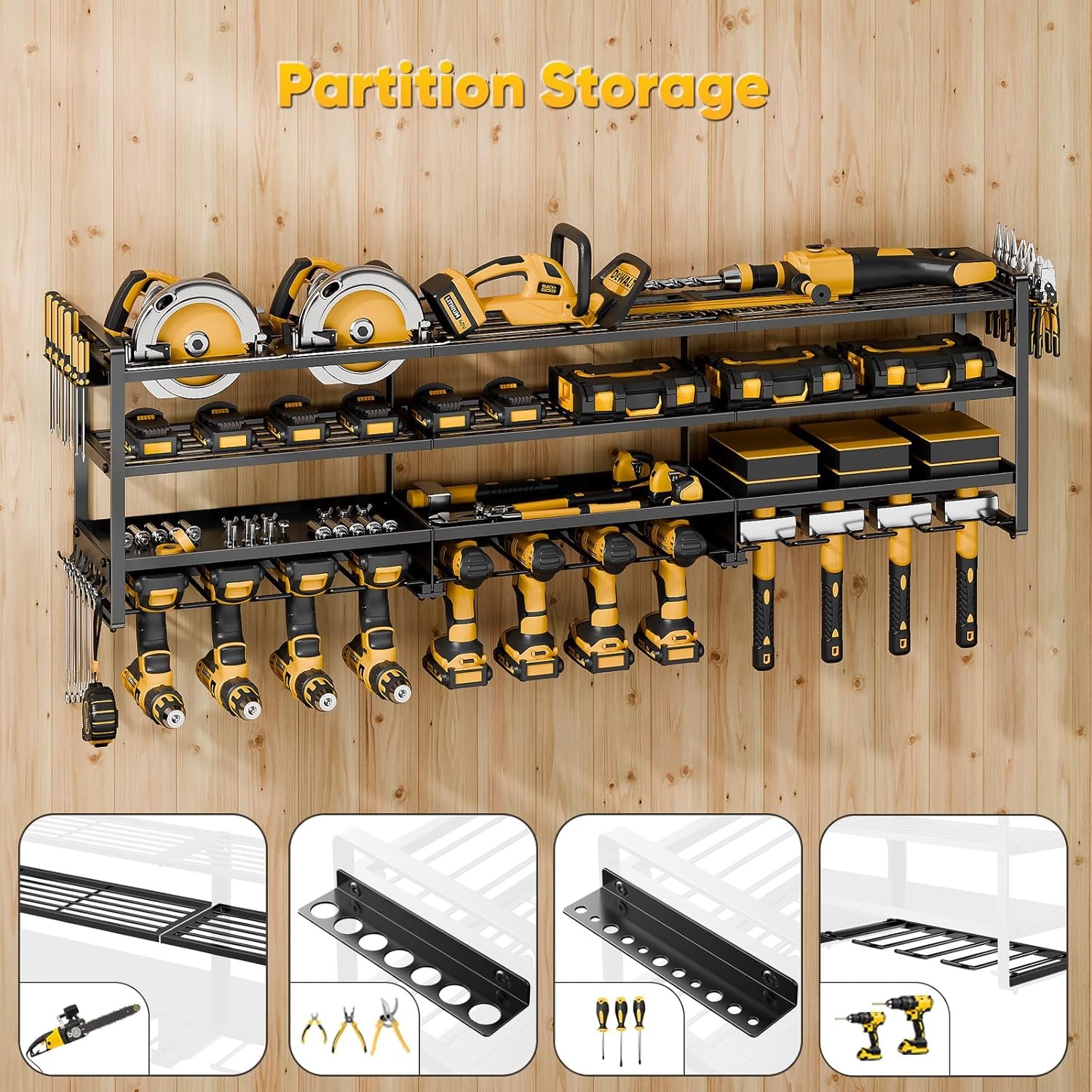 Large Power Tool Organizer Wall Mount Loads 600 lbs, Heavy Duty 4-Tier 12 Drills