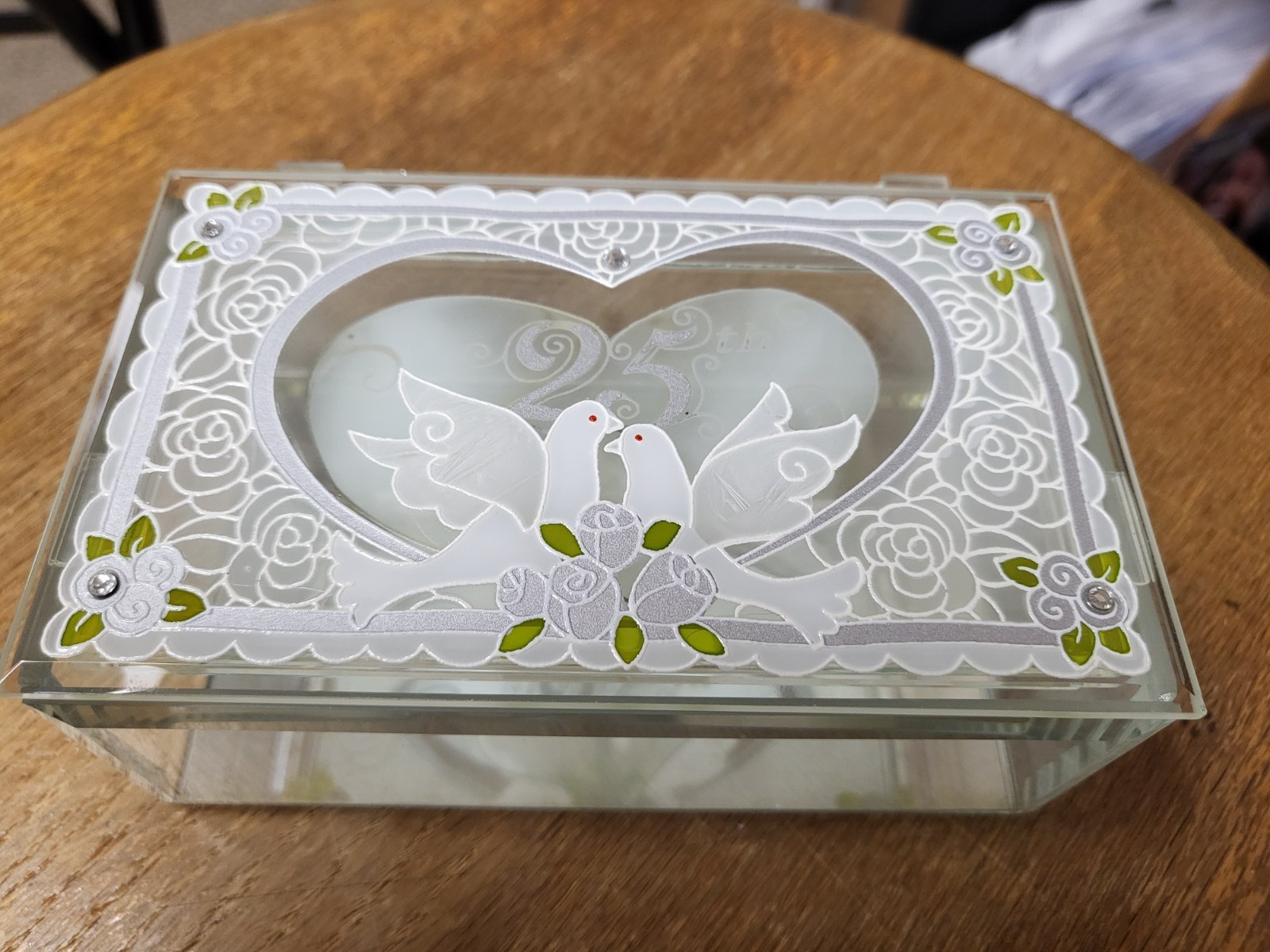 Glass Jewellery Box, Trinket Box, 25th Silver Anniversary Both Of You Doves