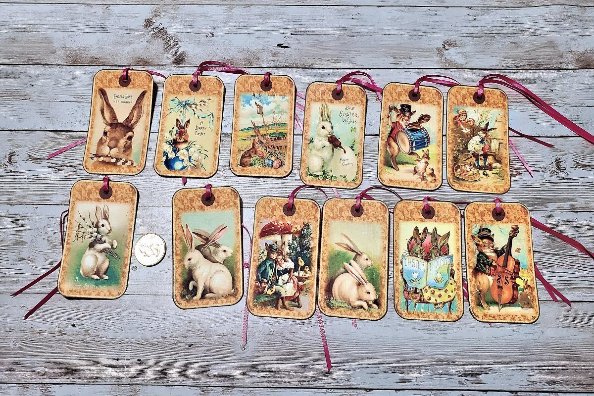 12~Easter~Vintage~Victorian~Bunny~Linen Cardstock~Gift~Hang~Tags