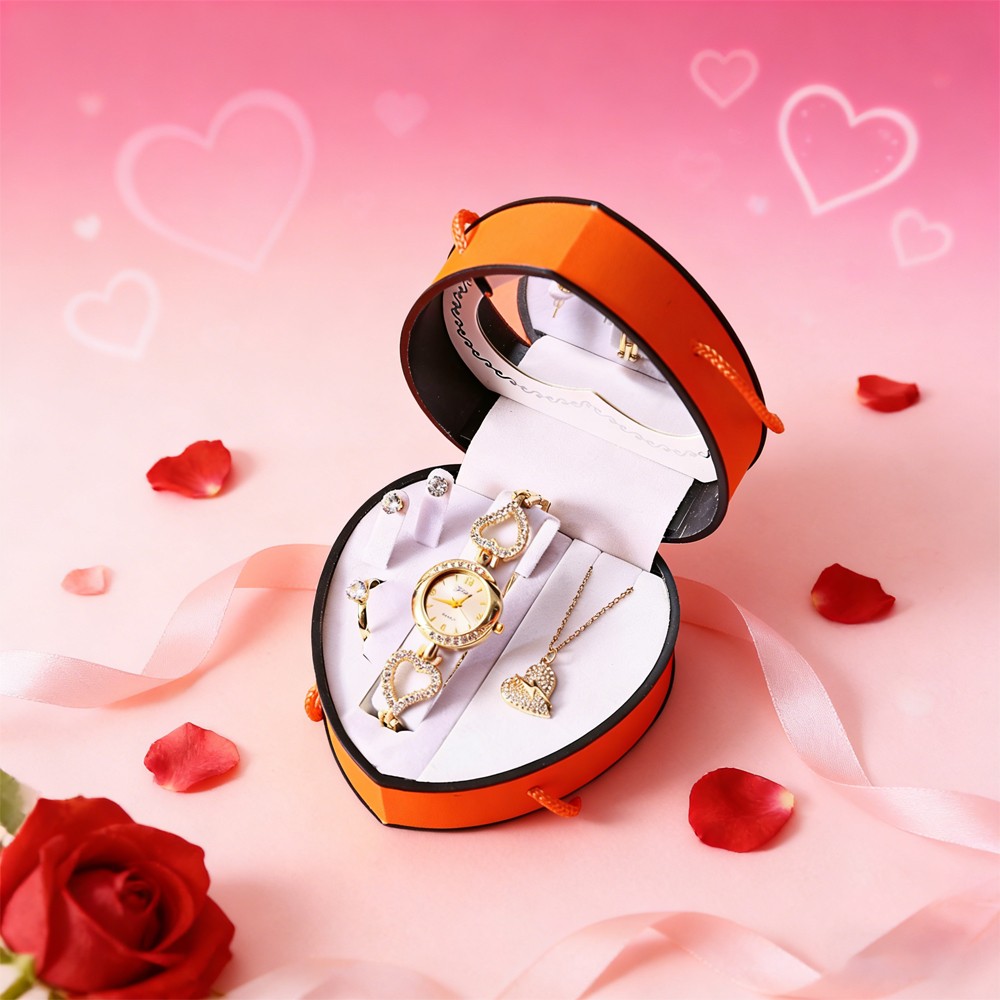 Women’s Watch & Jewelry Set Elegant Necklace Earrings Ring For Valentine’s Day