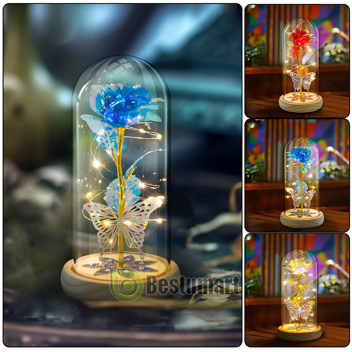 Crystal Eternal Galaxy Rose Flower LED Light Glass In Dome Gifts for Her Lovers