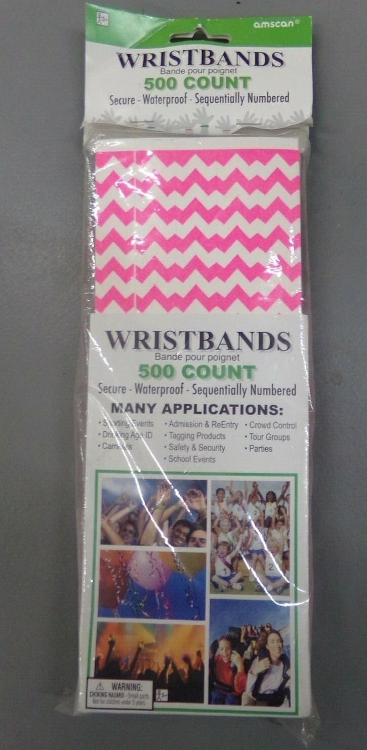 White & Pink Zig Zag Amscan Event Wristbands 500 Count Secure Waterproof NEW