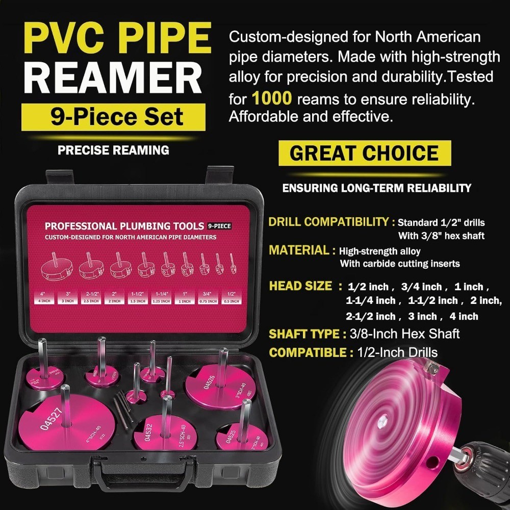 9-Piece PVC Pipe Reamer Set for Standard Half Inch Drills Sizes 1/2 3/4 1 1-1/4