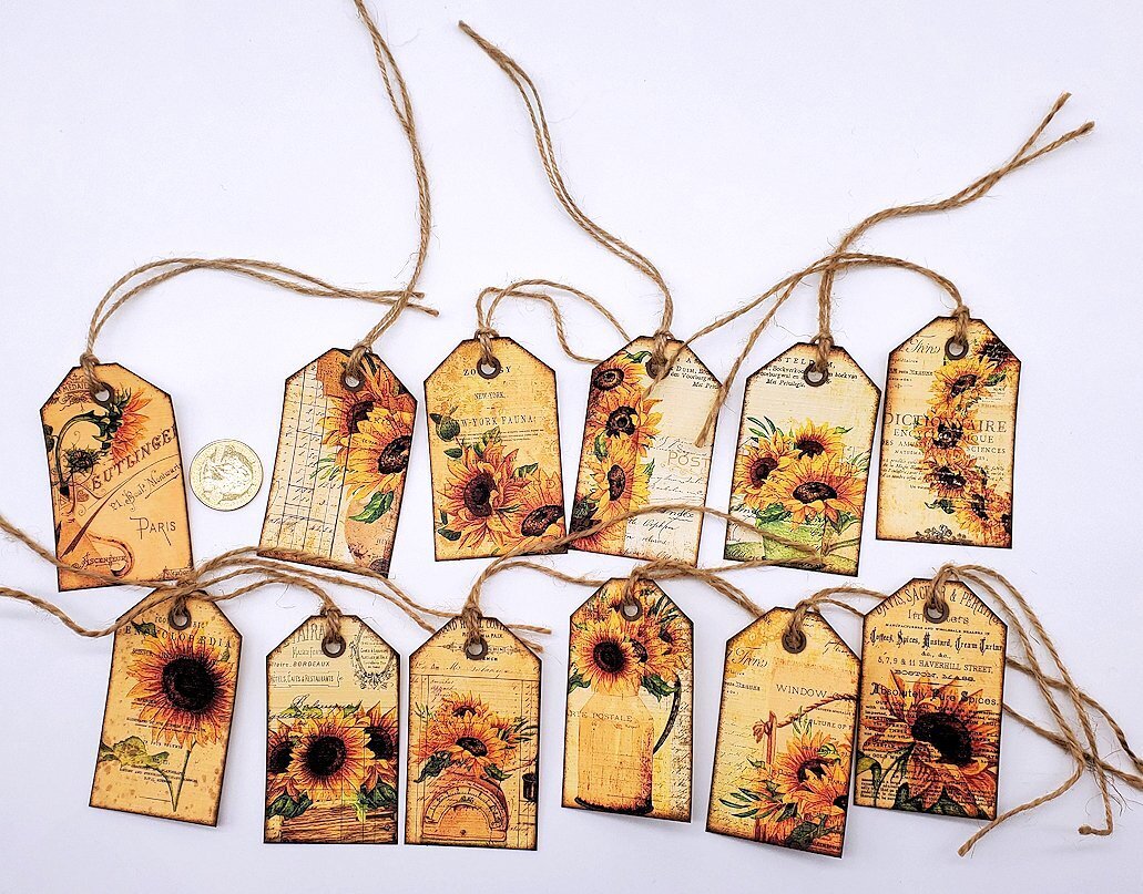 12-Vintage-Floral-Sun Flowers-Junk Journal-Linen Cardstock-Hang Tags