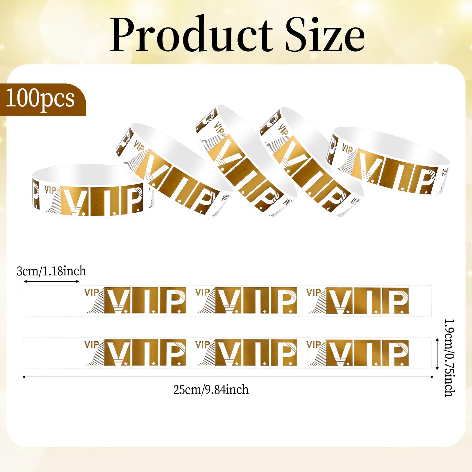 100 Pcs VIP Wristbands for Events, Paper Bracelets 25 cm * 2 cm, 100 Gold