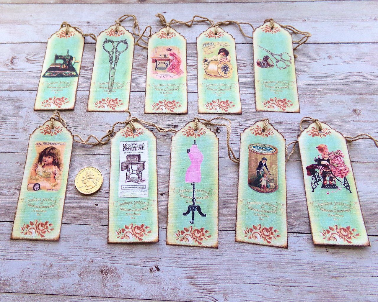 10-Vintage-Victorian-Sewing-Fussy Cut-Journal-Linen Cardstock-Gift-Hang-Tags