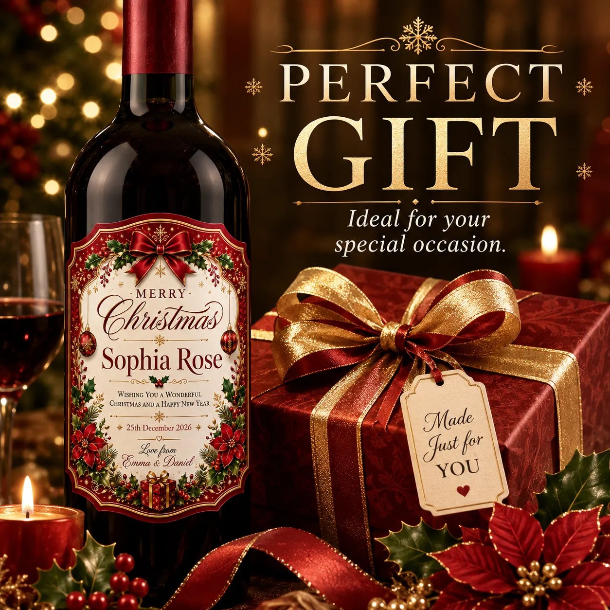 Personalised Christmas Bottle Label Sticker Custom Wine Champagne Gift