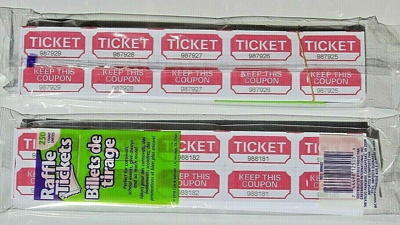 500 Count – 50/50 Red RAFFLE TICKETS DOUBLE STUB Events School Drawings Contest