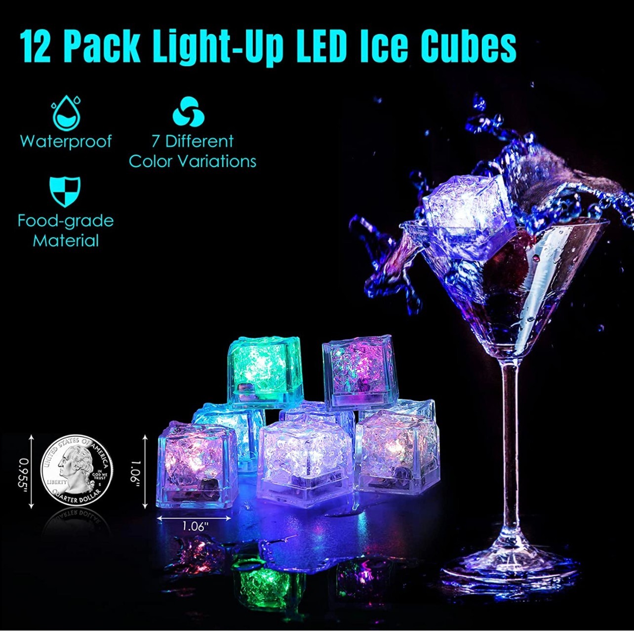 12 pieces Rainbow Flash Color Light Up Party Rave club Wedding LED Glow Ice Cube