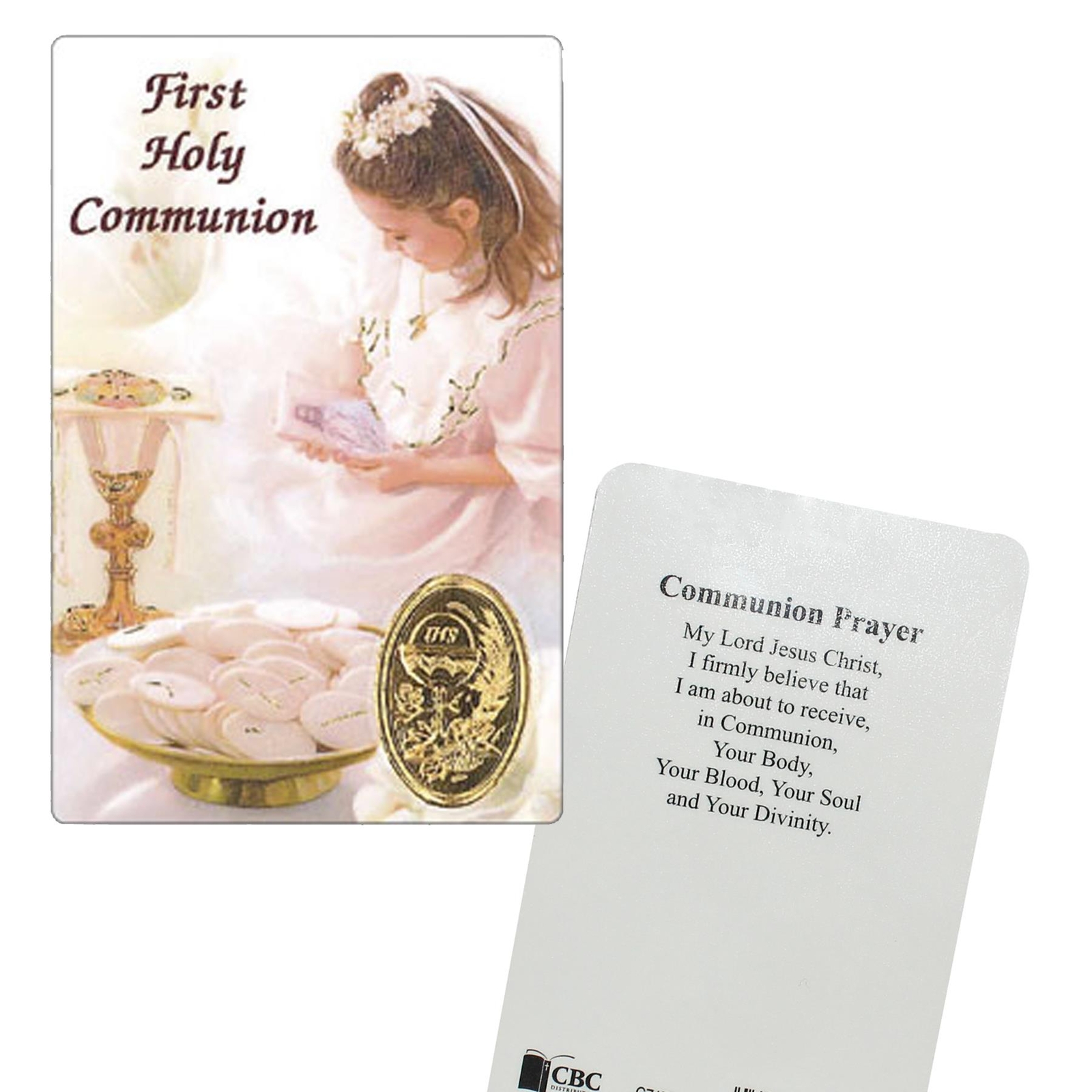 Laminated Prayer Card First Holy Communion 8.5×5.5cm Girl 71942 & Stamped Medal