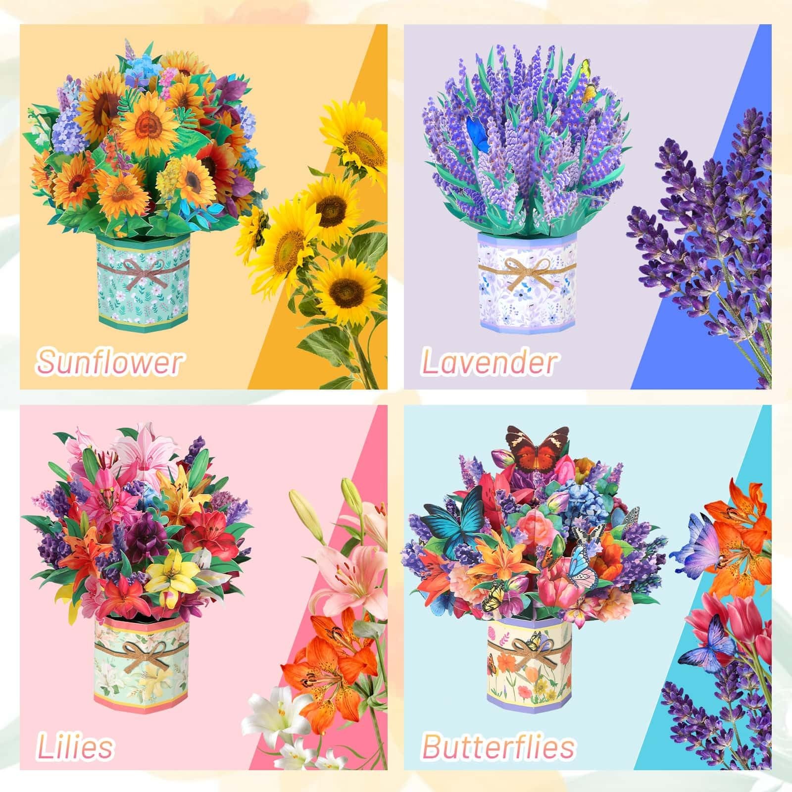 4Pack Paper Flower Pop Up Cards, Bouquet Card 8.5×9 inches, multicolor