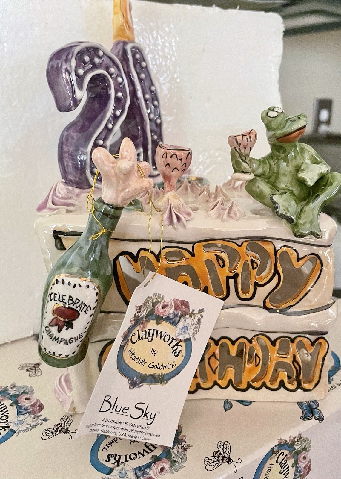Ceramic 21st Birthday Cake Topper! Plated Froggy on a cute cake slice toasting!