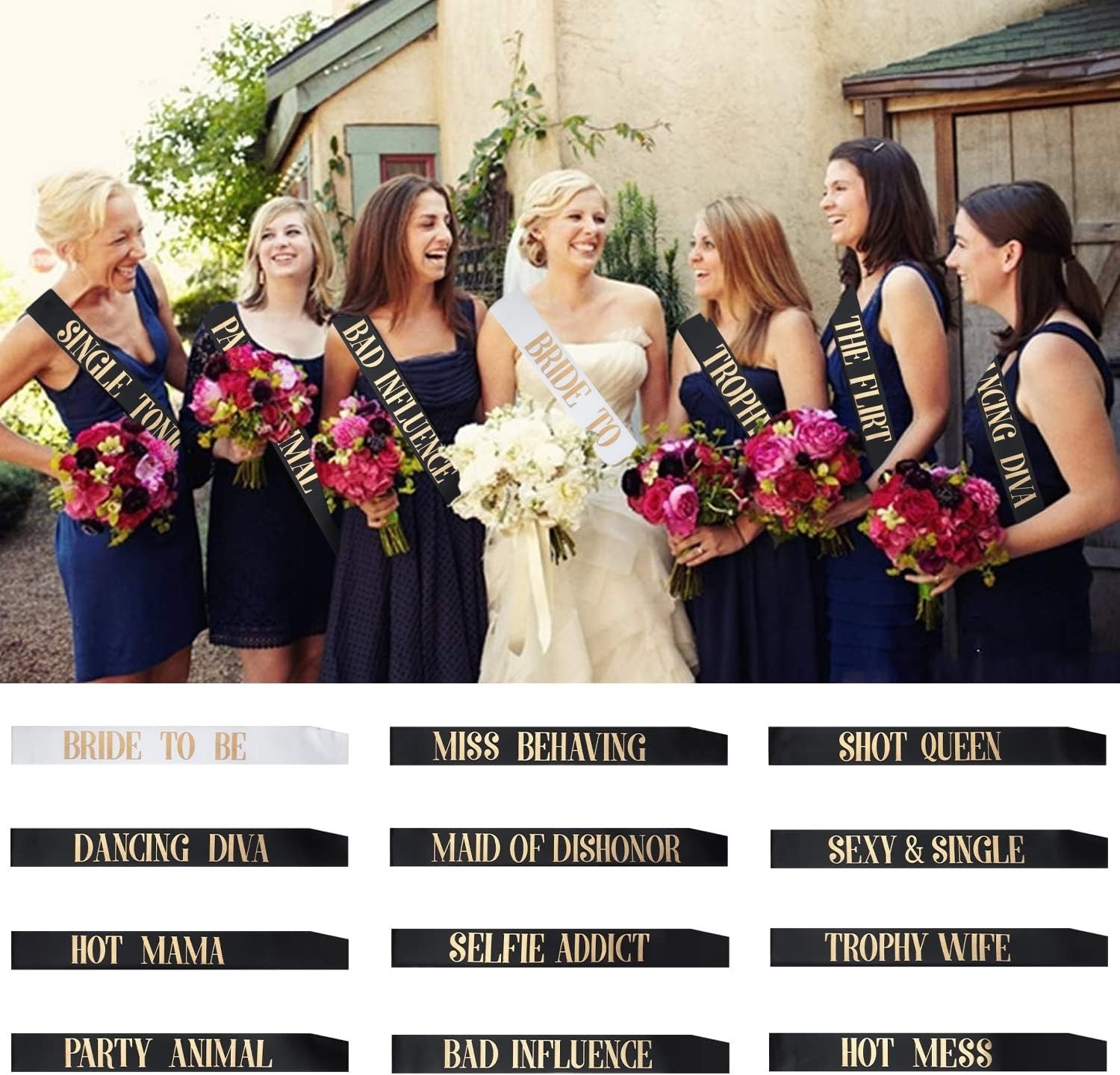 12 Pack Bachelorette Party Sashes, Bride To Be, Black Rose Gold Letters