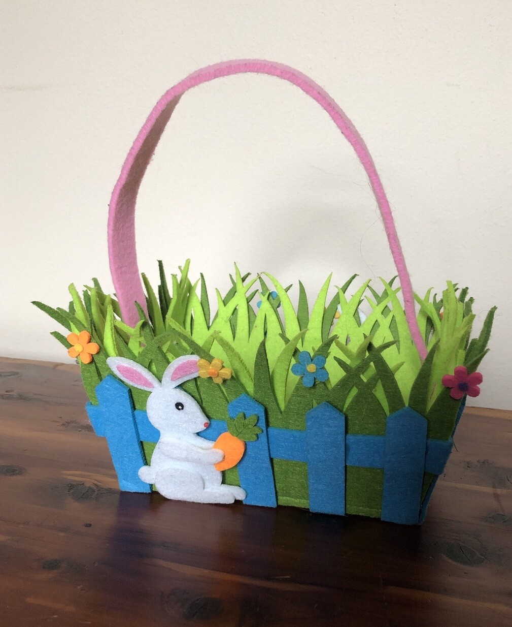 Easter Basket Soft Fabric Felt Bright Colors Bunny Grass & Flowers Decor Bucket