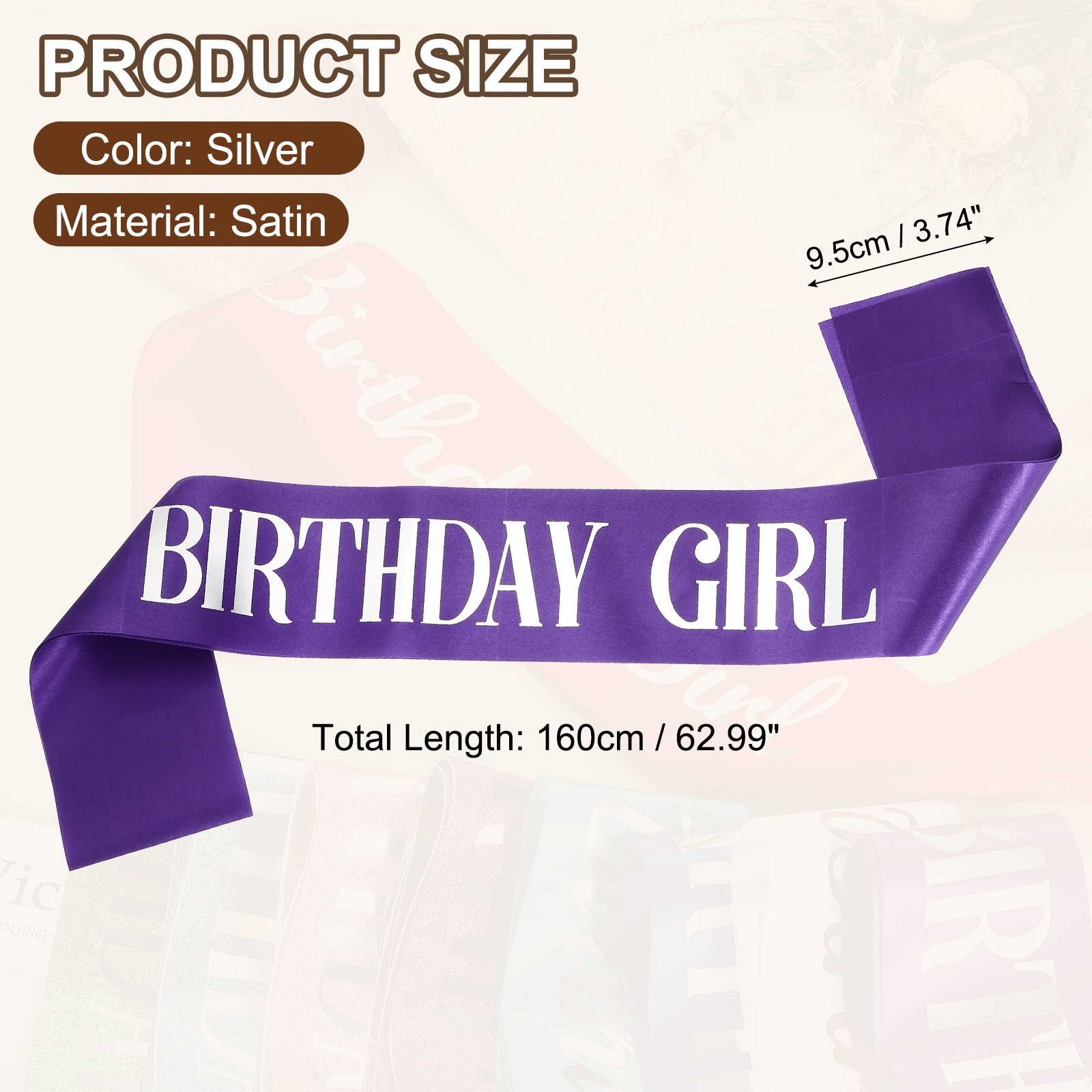 Purple Birthday Girls Sash with Pin Silver Lettering for Party