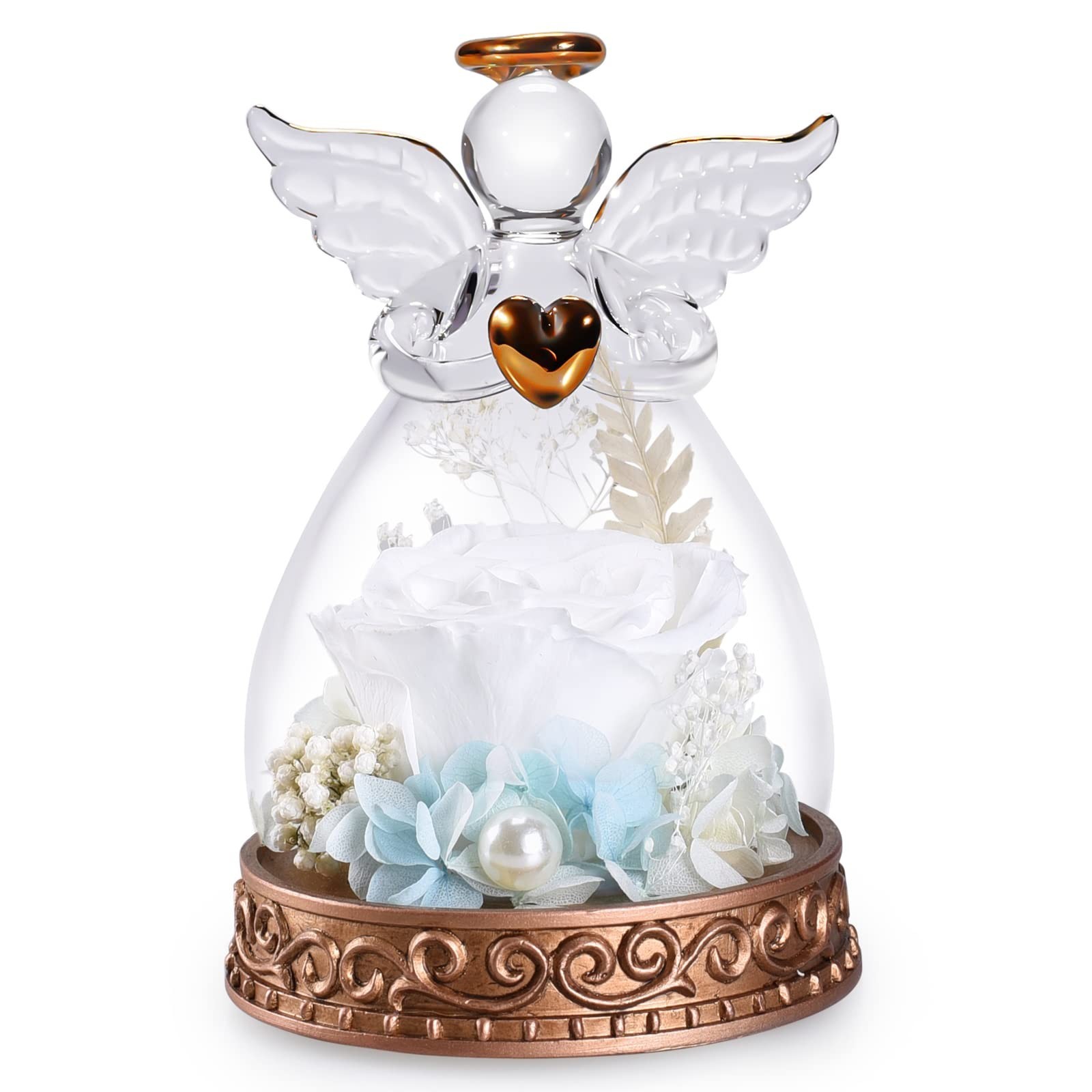 Preserved Real Rose in Glass Angel Figurine with LED Light, Angel Gifts for W…