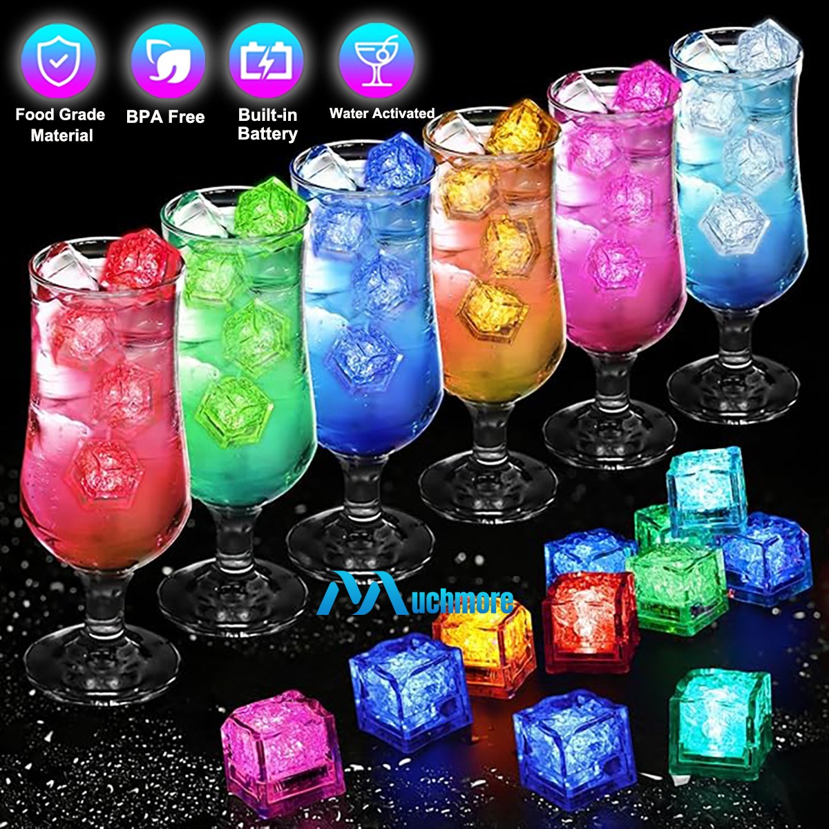 12~120pc Multi Color Flashing LED Light Up Ice Cubes Waterproof Liquid Activated