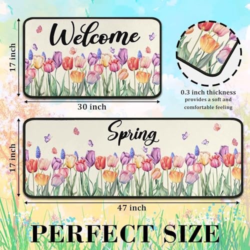 Tulip Floral Spring Decorative Kitchen Rugs Set of 2,Welcome Spring Summer