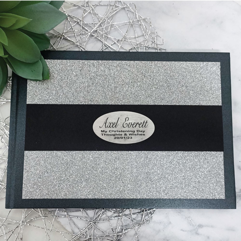 Christening Baptism Personalised Guest Book Black Album Silver Glitter