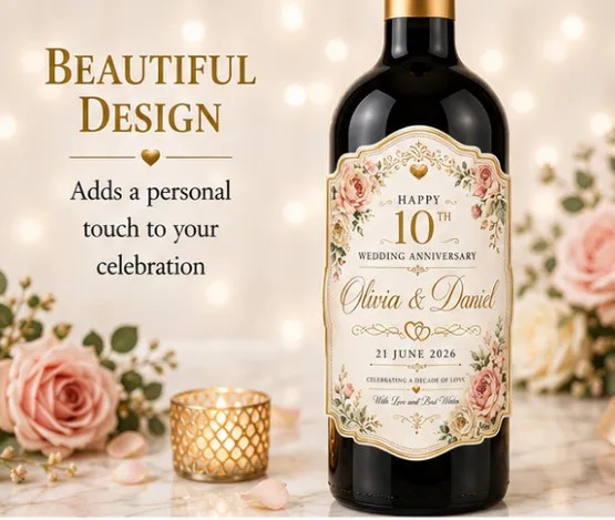 Personalised 10th Wedding Anniversary Bottle Label Sticker Custom Wine Gift