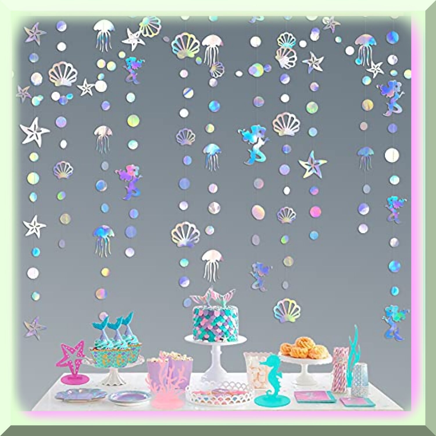 40 Ft Iridescent Mermaid Ocean Garland with Seashells and Jellyfish