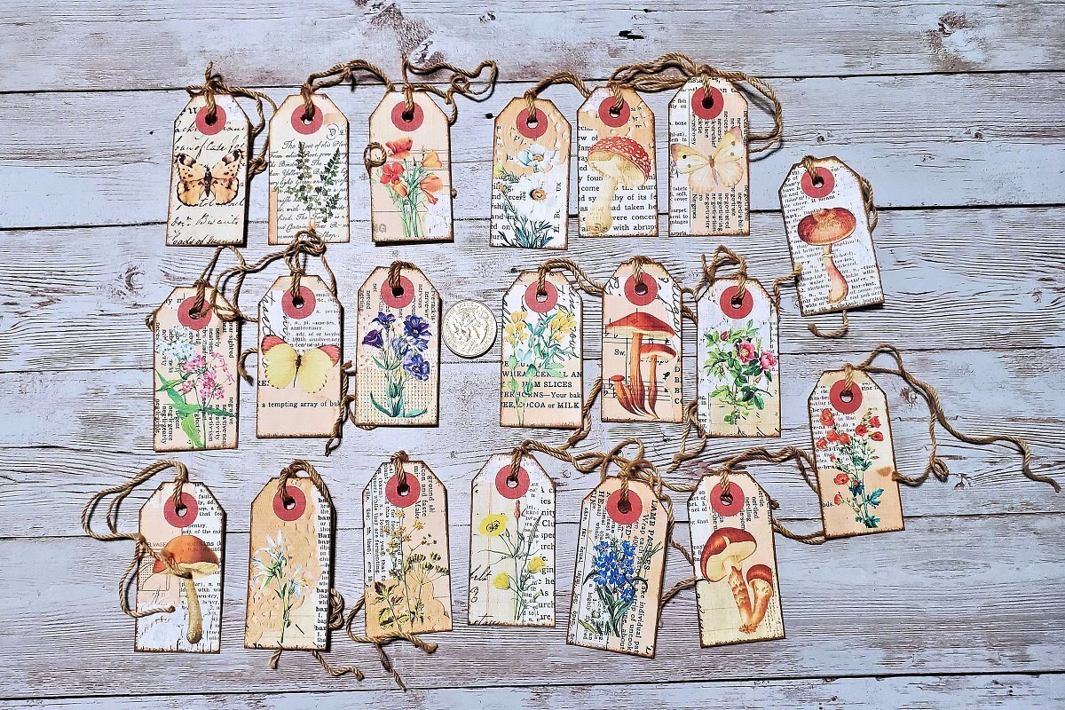 20~Vintage Style~Ephemera~Wildflower~Junk Journal~Linen Cardstock~Hang Tags