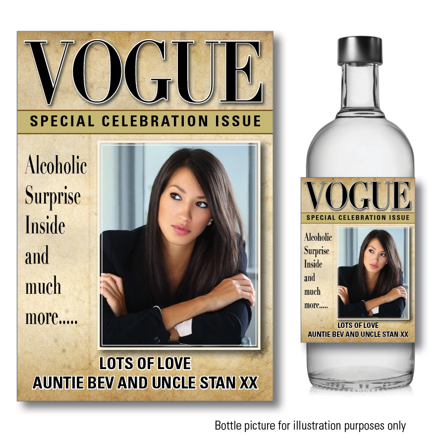 Personalised photo VOGUE VODKA GIN WINE 18th bottle label Sticker Birthday 129
