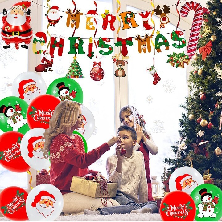Holiday Decoration Set Merry Christmas Banner Santa Decor Balloons