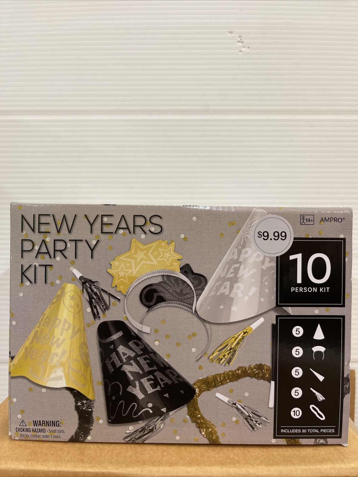 New Years 10 Person Party Kit, Reusable, Black Gold Silver White