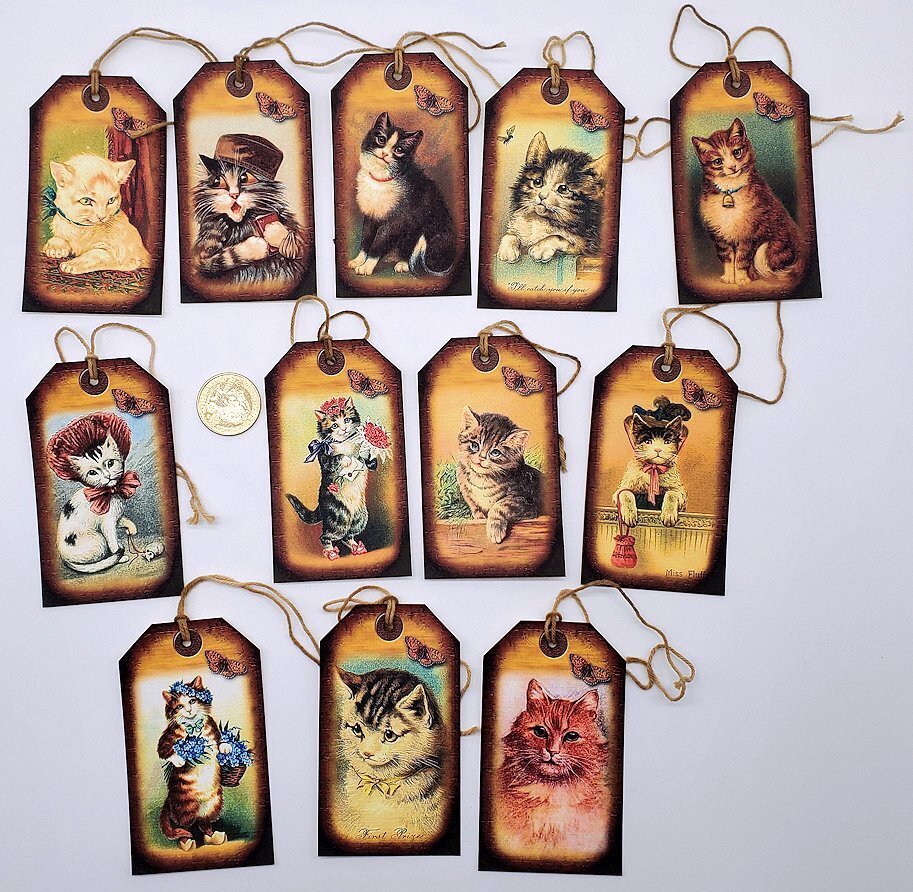 12-Cats-Kitties-Vintage-Handmade-Ephemera-Linen Cardstock-Gift-Hang-Tags