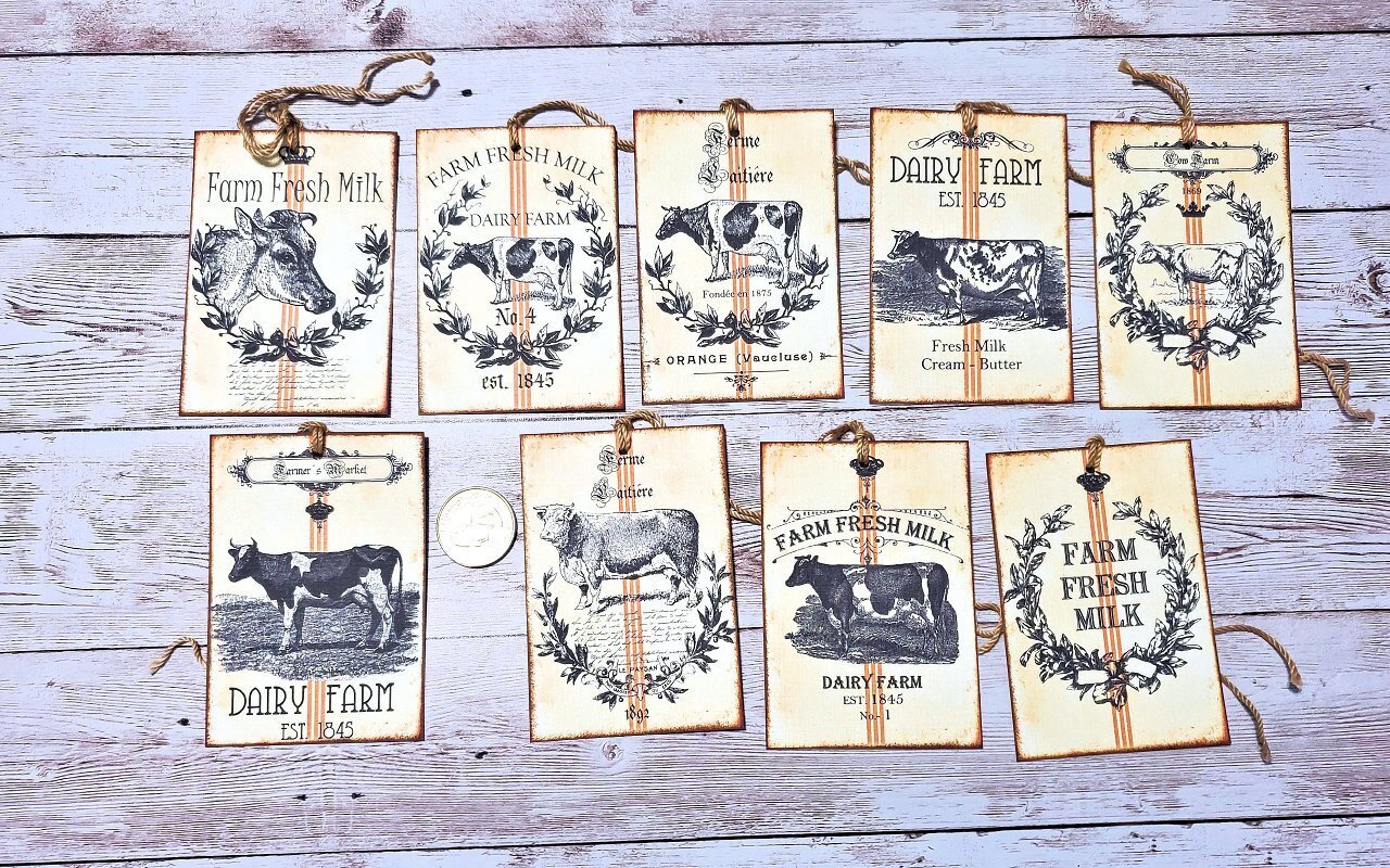 9~Vintage~Ephemera~Farmhouse Cows~Junk Journal~Linen Cardstock~Gift~Hang~Tags