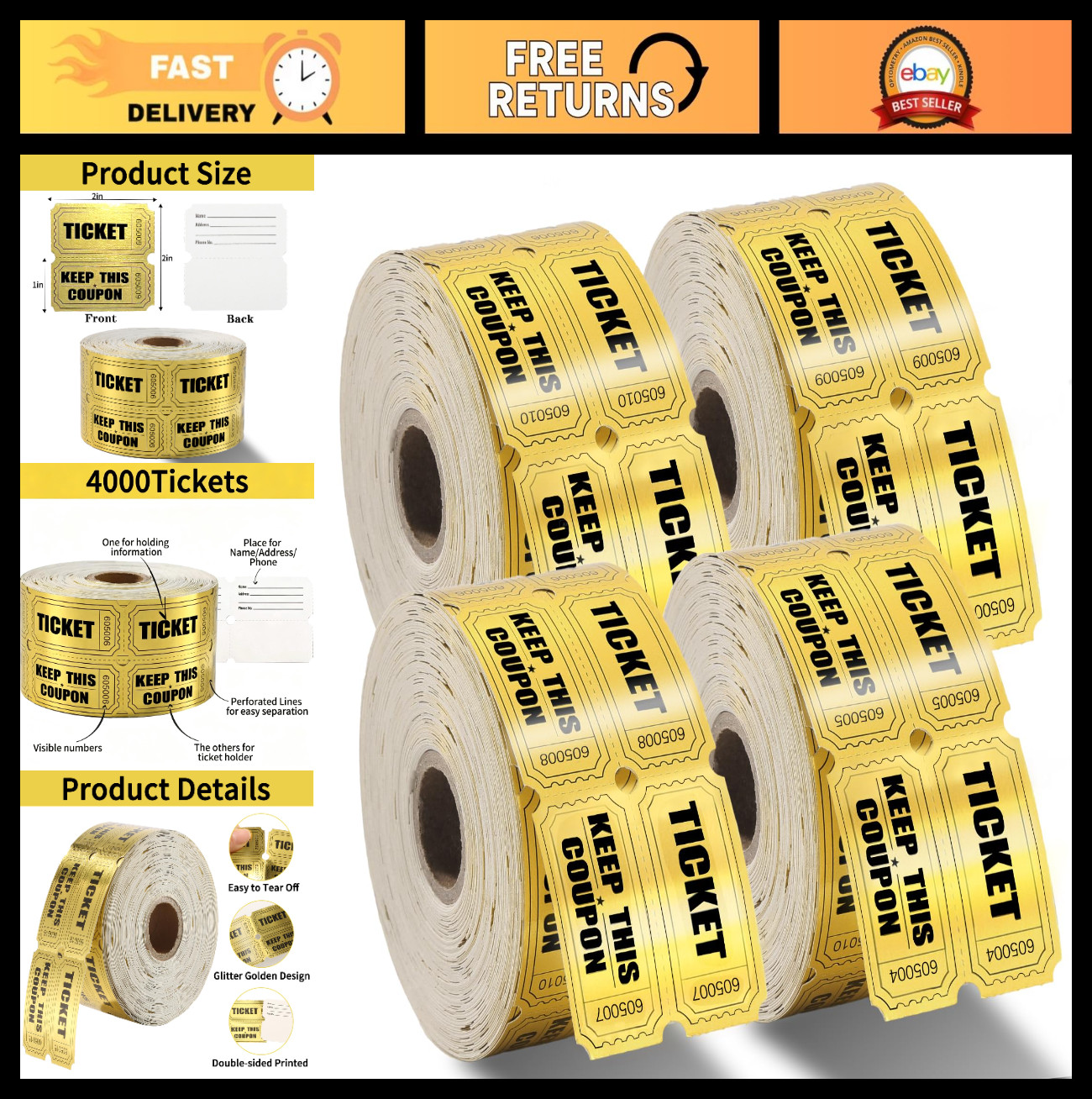4000 Gold Metallic Raffle Tickets – 4 Rolls for Events, Carnivals, Prizes, Rewar