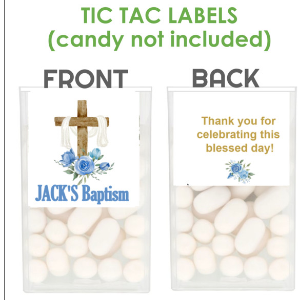 24 BAPTISM CROSS TIC TAC CANDY MINT Labels Personalized FAVORS CHRISTENING