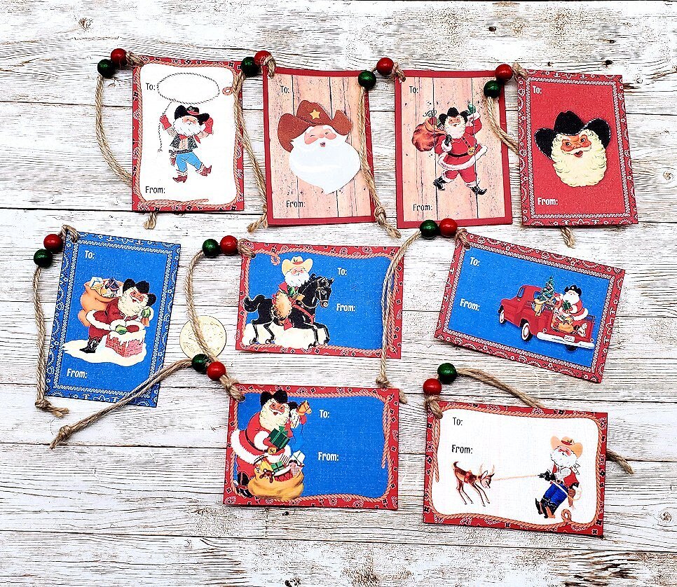 9-Christmas-Farmhouse-Western-Kids-Cowboy-Holiday-Linen Cardstock-Gift-Tags