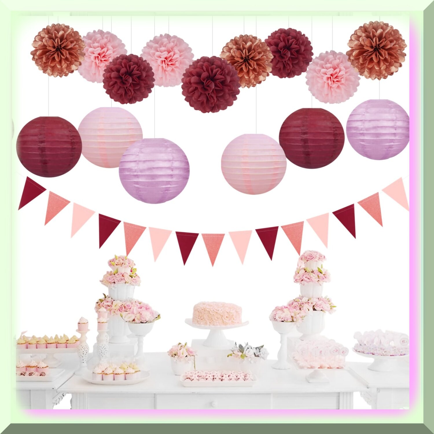 Pink Burgundy Rose-Gold Party Decor Kit with Tissue Pom Poms and Paper Flowers