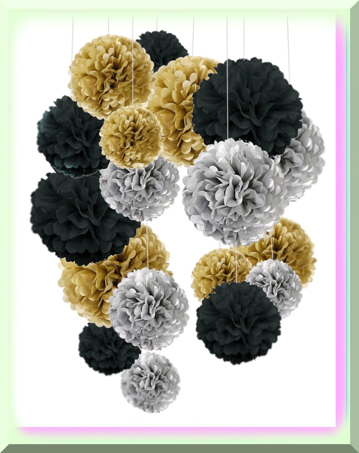 Party Tissue Paper Pom Poms 18 Pieces Black Gold Silver
