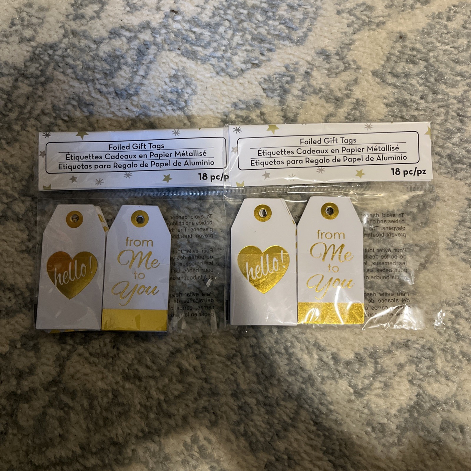 Lot of 2 Foiled Gift Tag Packs – 18 Count Each – Gold & White “From Me to You”