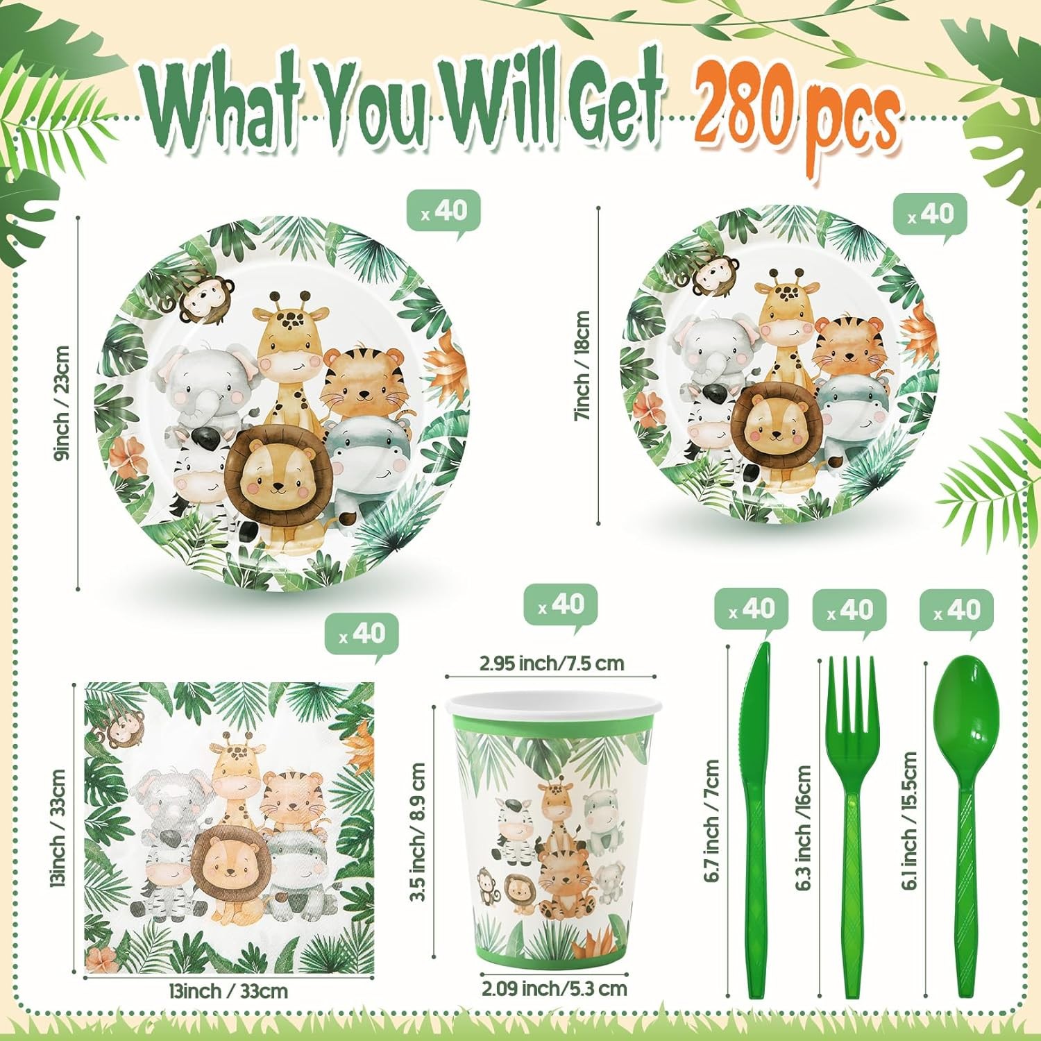 280 Pcs Jungle Safari Tableware Set for Birthday Party Supplies