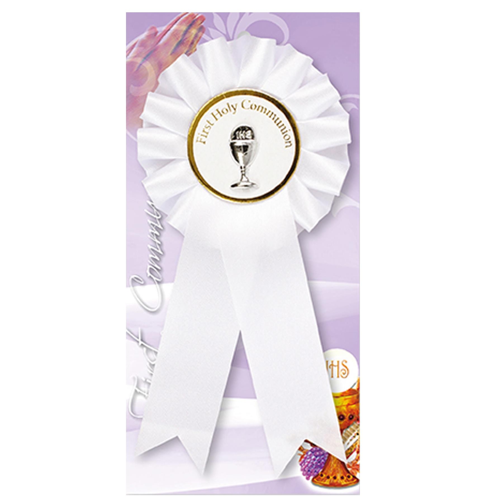 White Rosette Badge with Raised Chalice First Holy Communion C1906