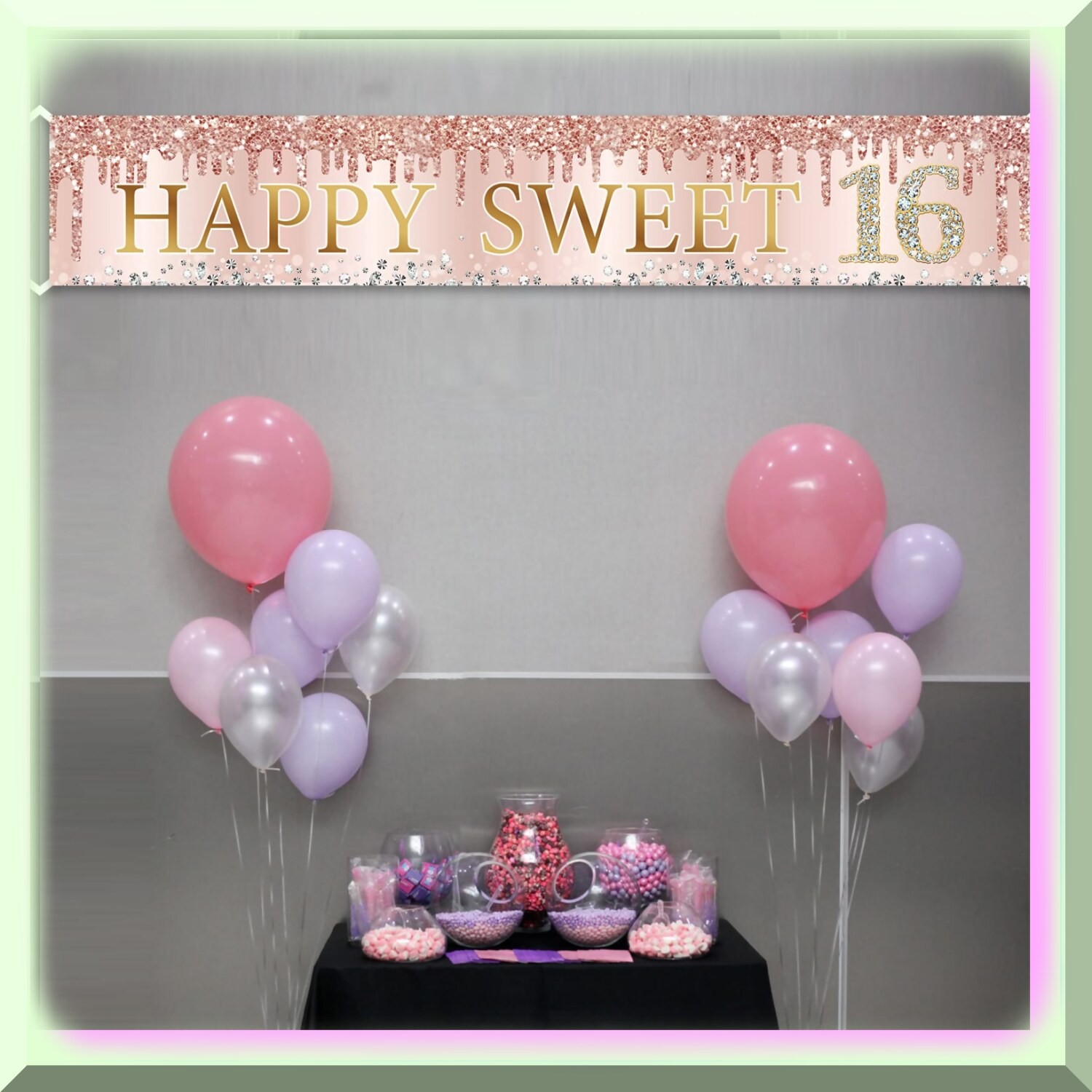 Sweet 16 Celebration Banner Pink Rose Gold Polyester