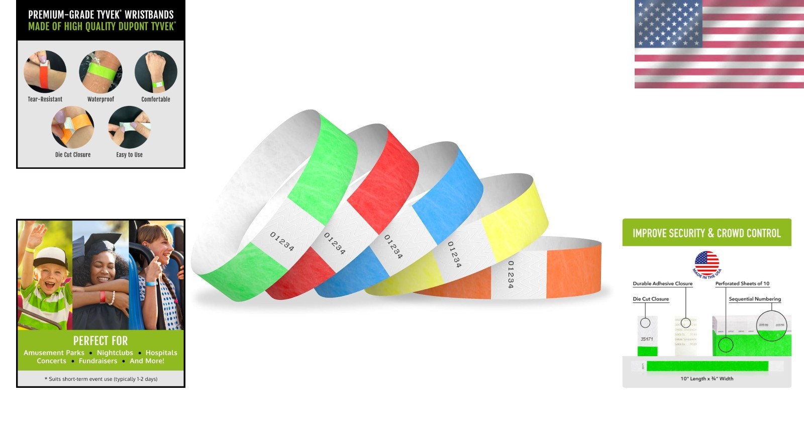 200 Wristco Tyvek Wristbands for Events, 5-Color Variety Pack – Tamper-Proof De