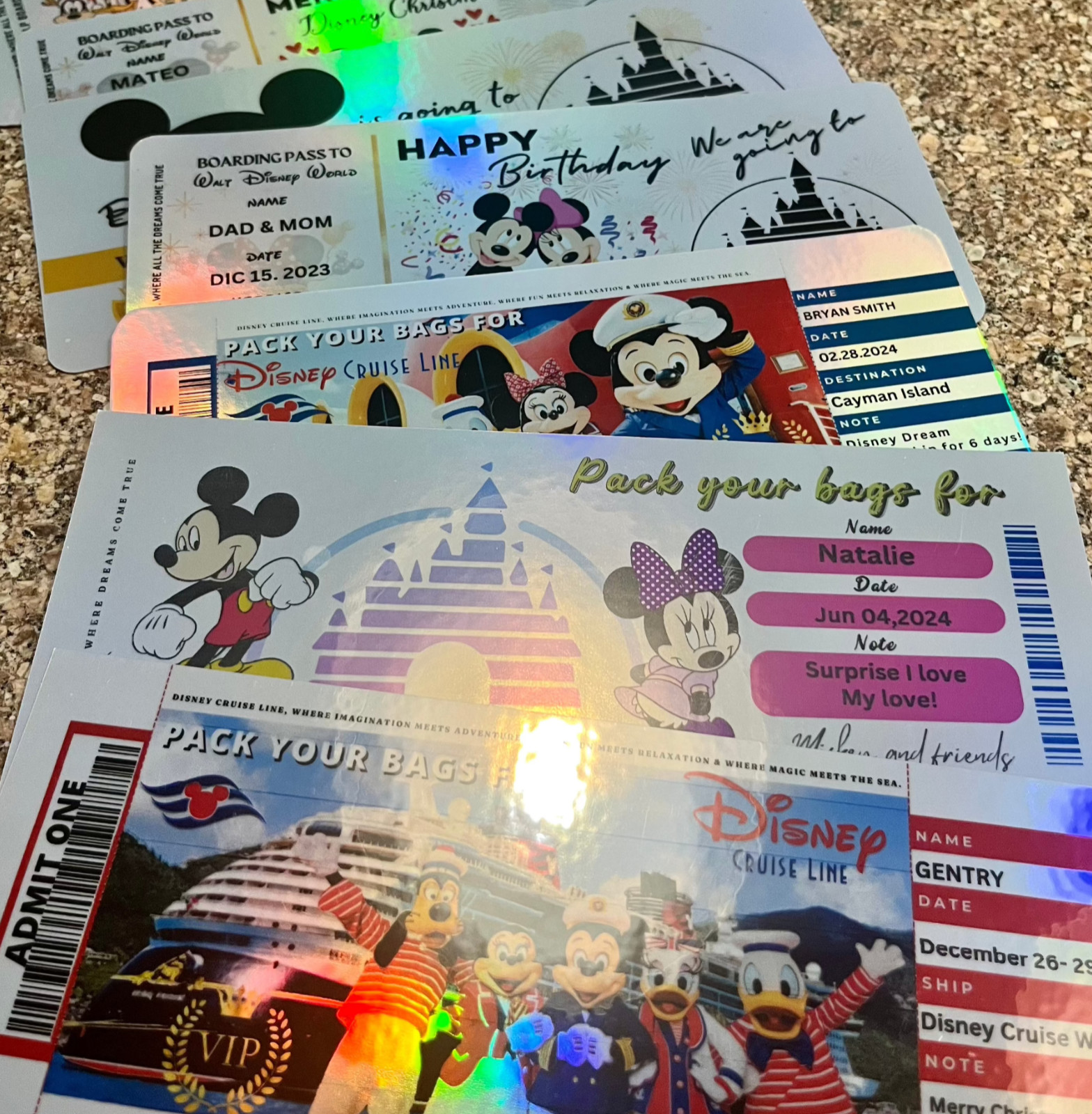 Physical Holographic Unique Personalized Surprise Reveal Ticket Disney Style
