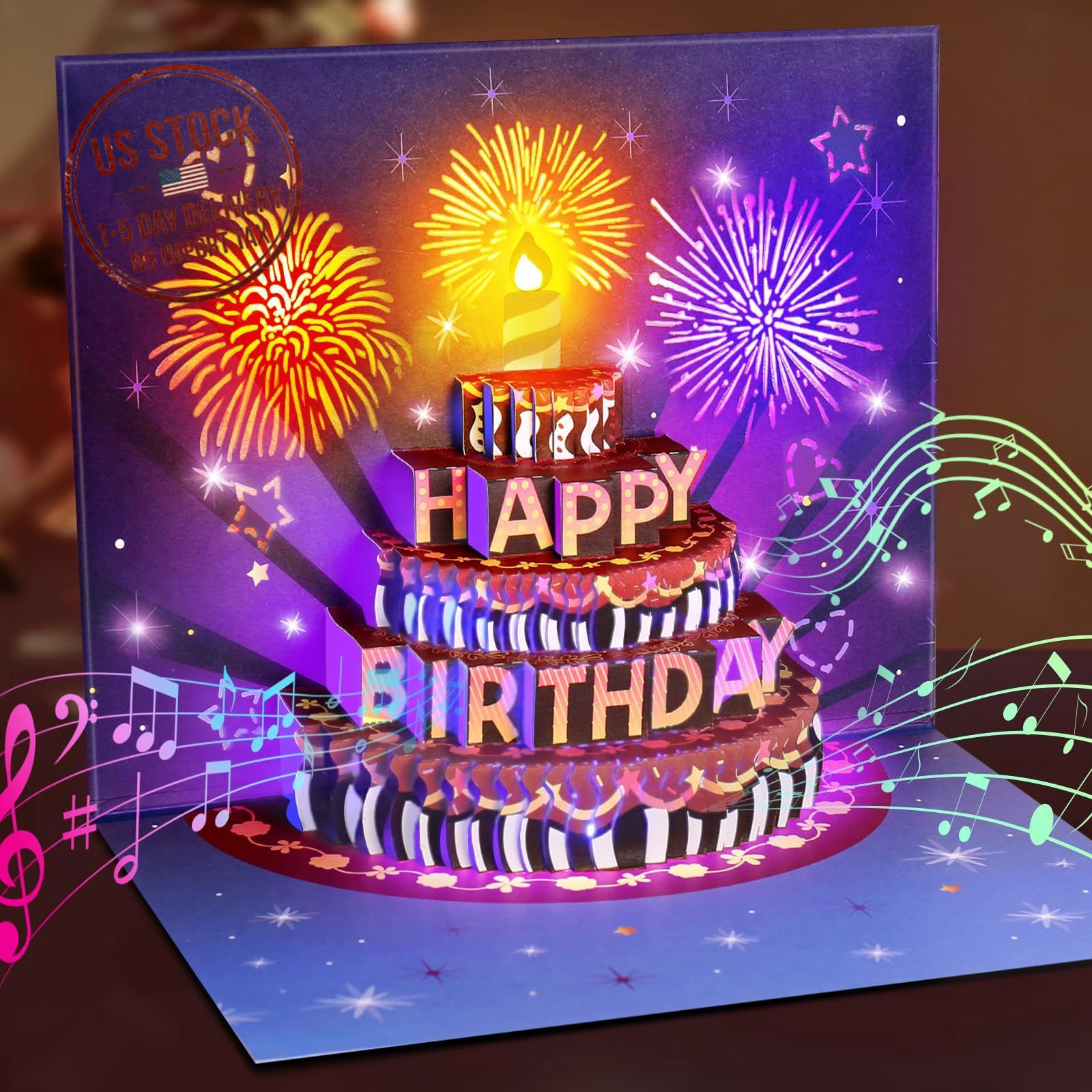 Pop Up Birthday Card with Fireworks Light Music Cake Gift Decoration