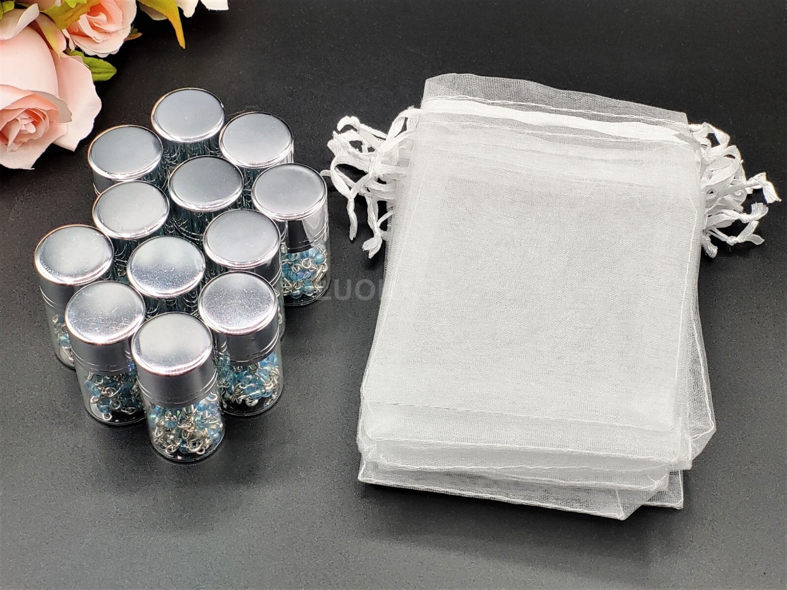 12 Blue Clear Rosary Crucifix Silver Bottle Recuerdos de Bautizo Holy Communion