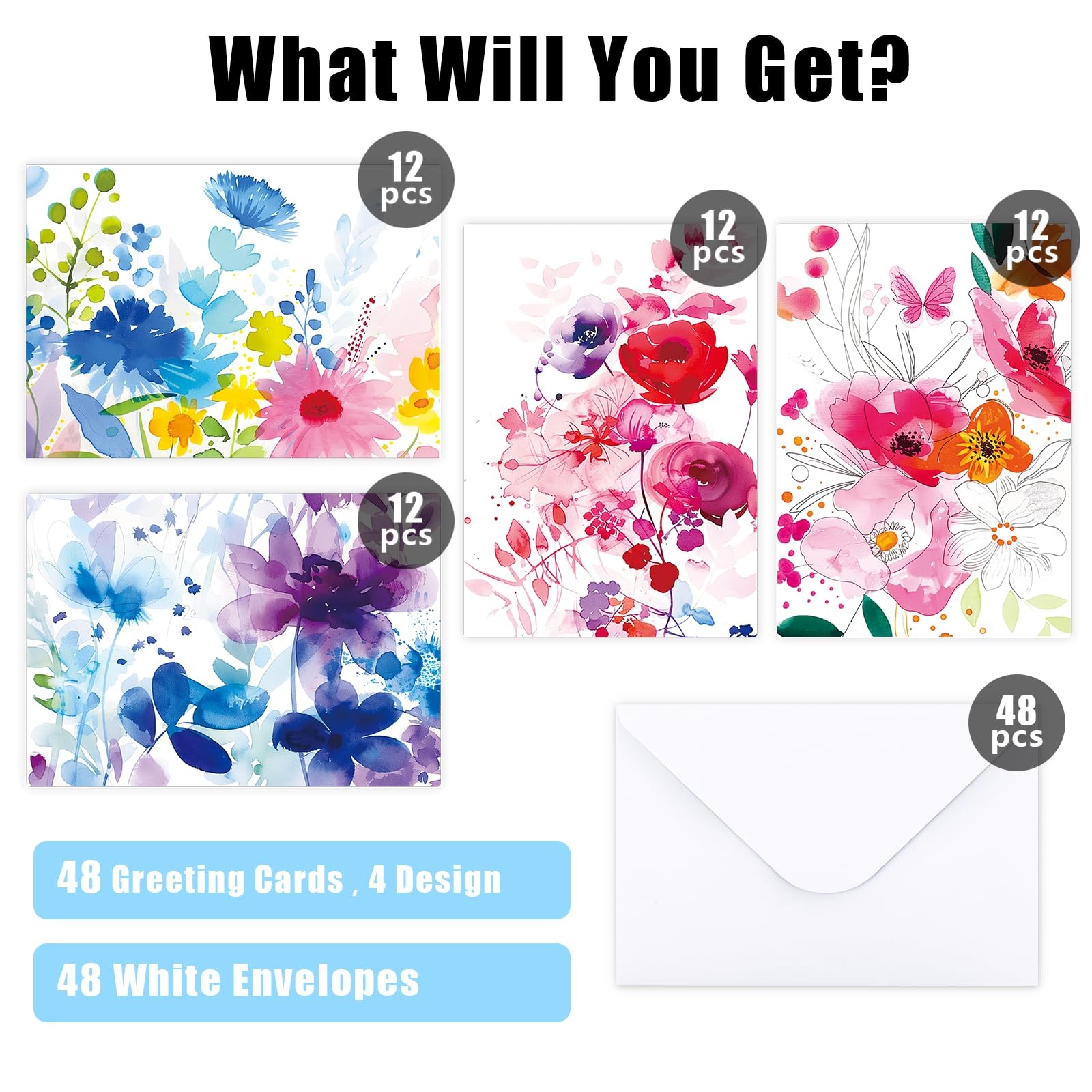 FUHITIM 48 Pack Blank Cards 3.7x 5.2 Inch, Watercolor Flower Cards(48 pcs)